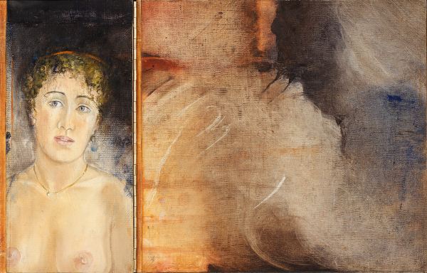La rêveuse, diptyque ouvert, huile sur toile marouflée sur bois, charnières laiton, 42 x 34 cm